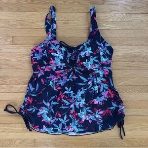 Womens A Line Floral Tankini, Jewel Tone Pink Blue Purple, Side and Front Cinch